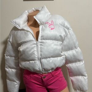 White Puffer Jacket with Pink bunny Logo
